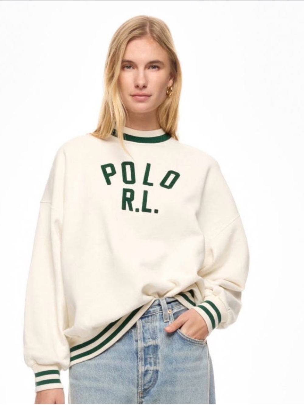 Polo by Ralph Lauren Cream Crewneck Sweatshirt with Green Logo Trim